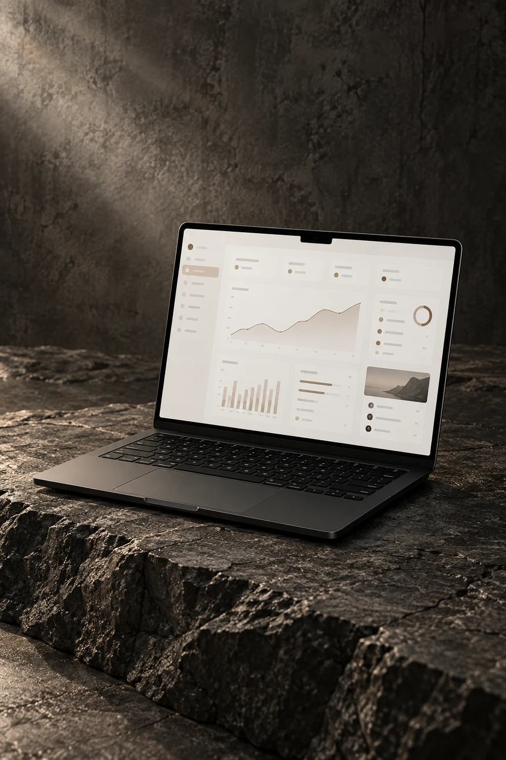 Schwarzer Laptop mit einer klaren Dashboard-Oberfläche auf Naturstein